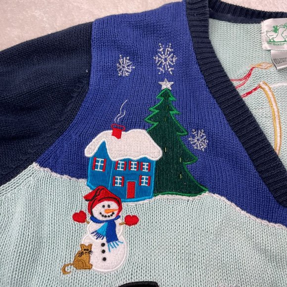 Quacker Factory Snowman Ugly Christmas Sweater Knit Cardigan‎ Womens Sz L Blue - Picture 16 of 16